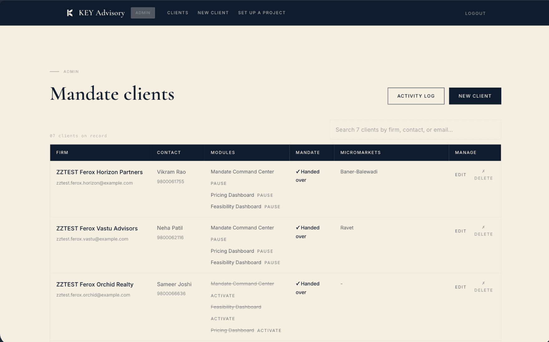 Admin console listing mandate client firms and their module access