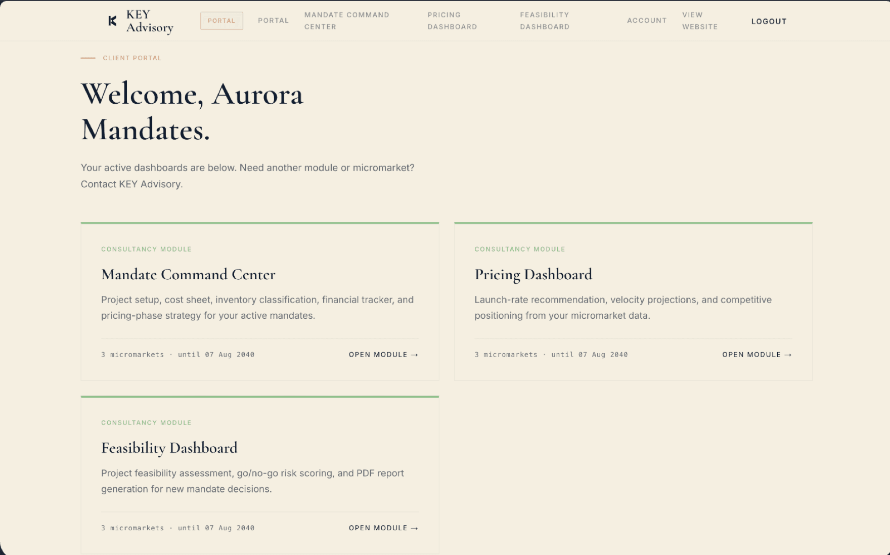 Client portal home showing entitled modules