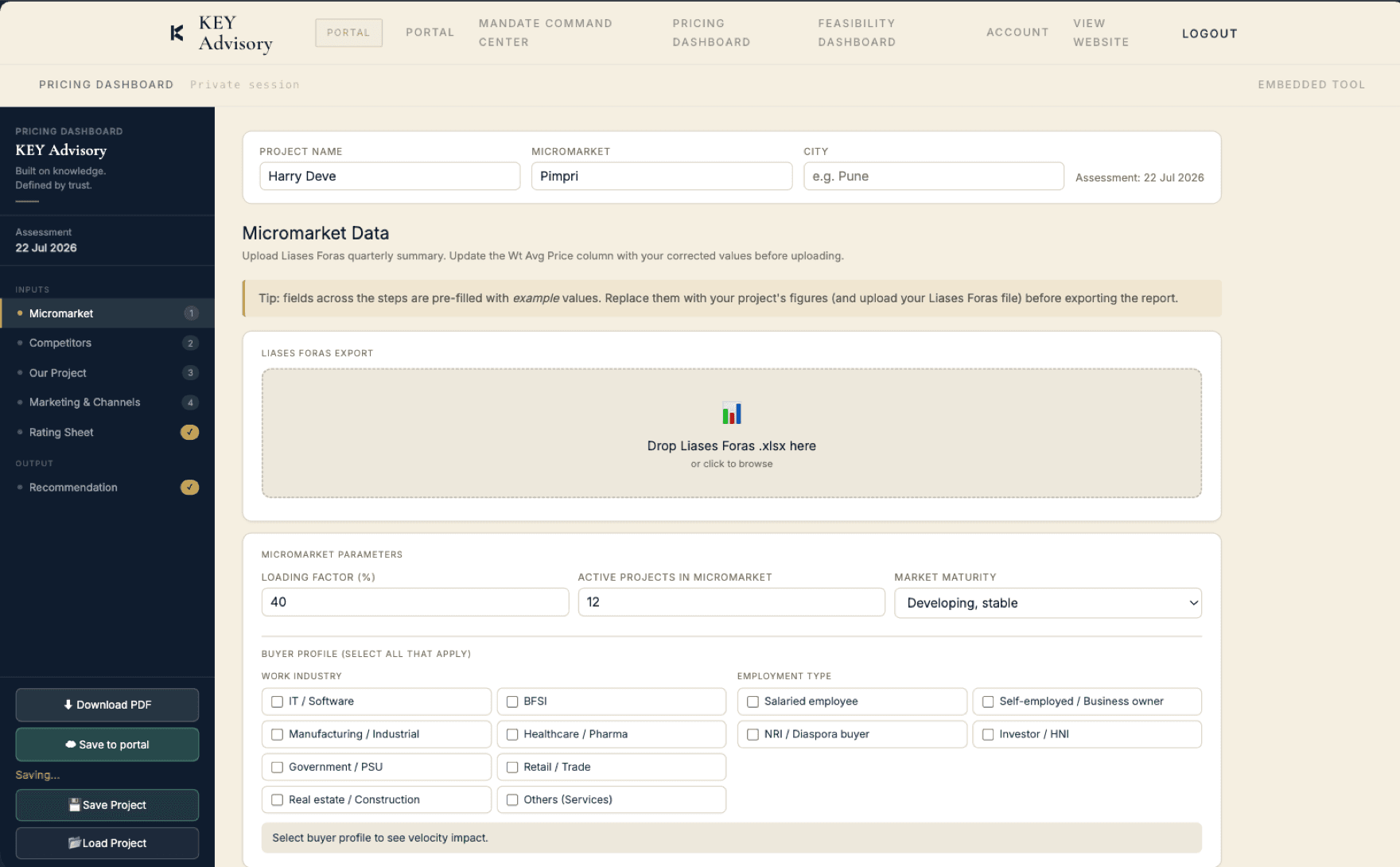 Pricing Dashboard micromarket input step