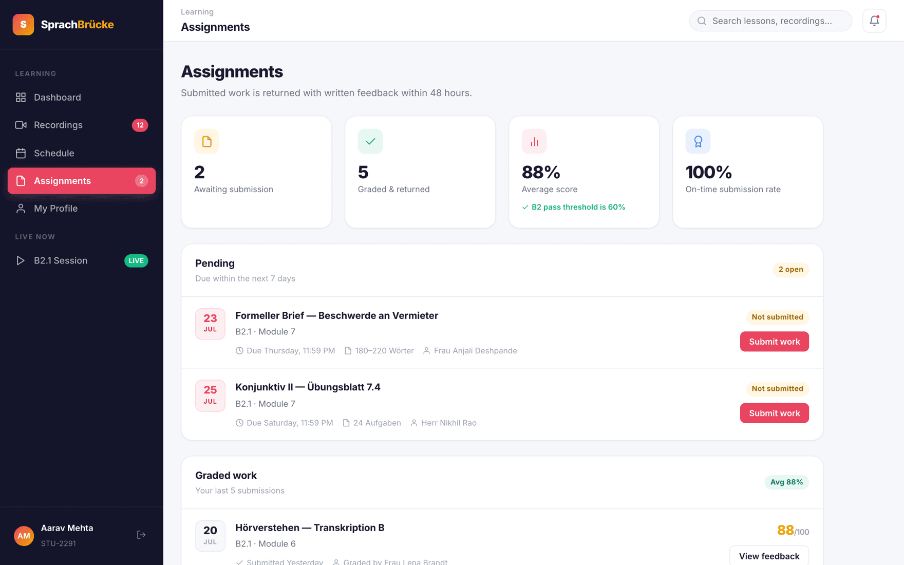 Assignments and grading view
