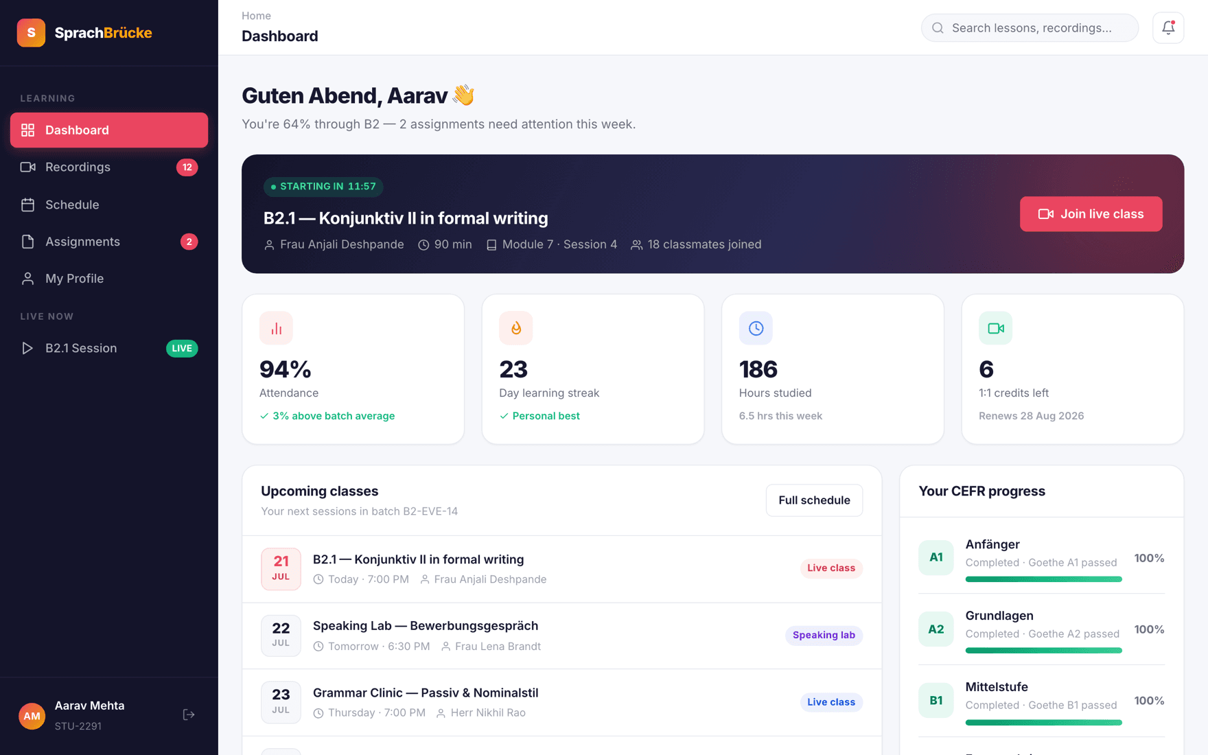 Student dashboard showing next live class and progress