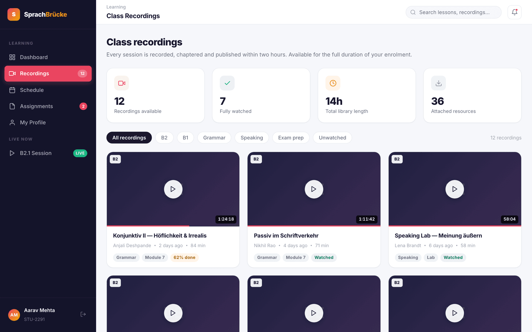 Chaptered class recordings library