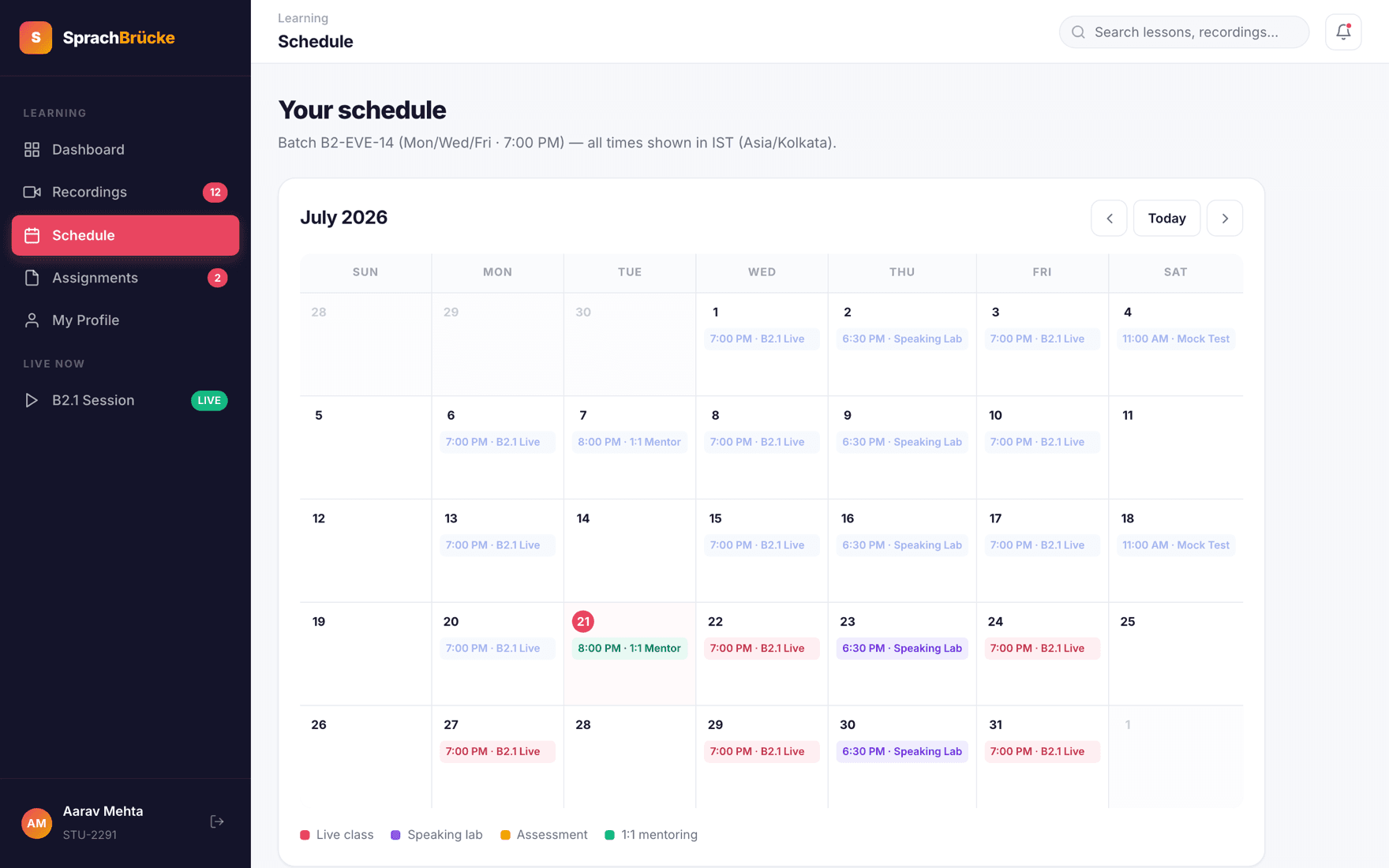 Live class schedule view